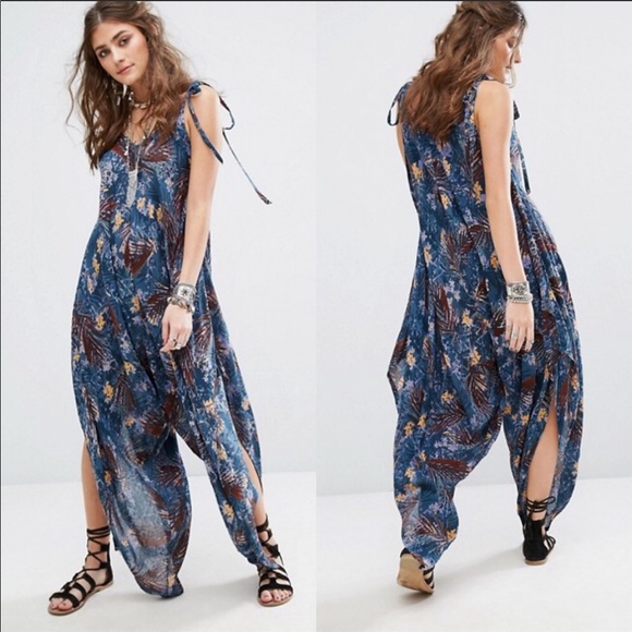 Free People Pants - Free People El Porto Blue Boho Jumpsuit Wide Leg